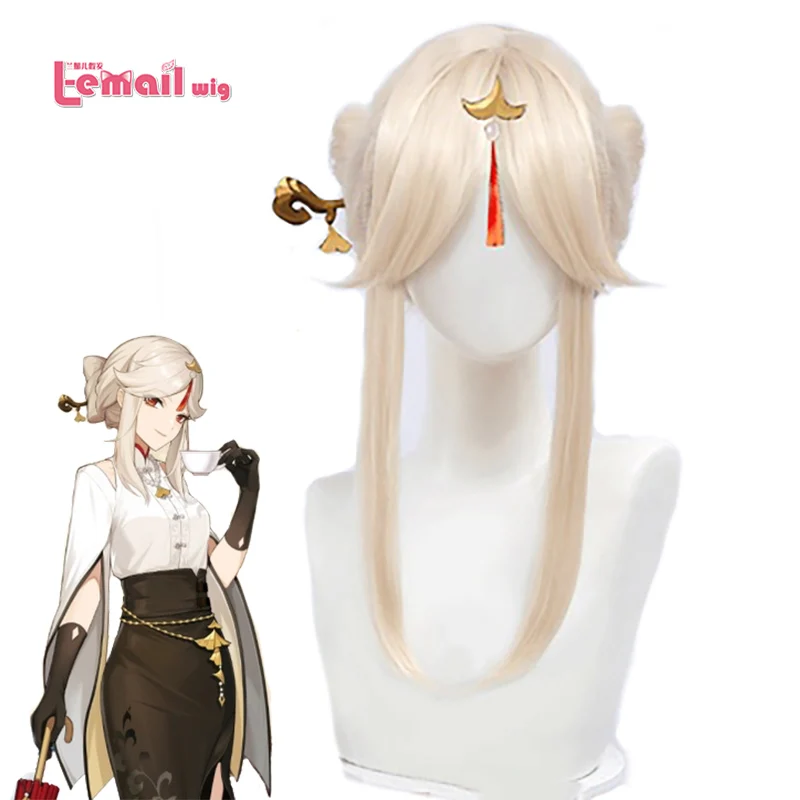 

L-email wig Game Genshin Impact Ningguang Pizza Hut Cosplay Wig Beige Wigs with Bow Heat Resistant Synthetic Hair Halloween