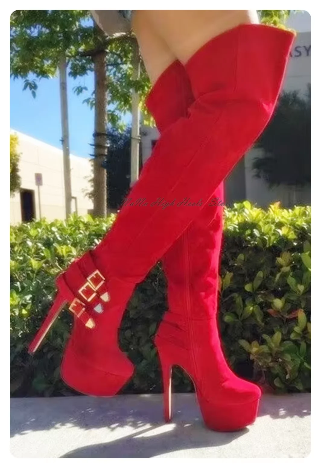 

Fashion Red Suede Platform Knee High Boots Women Sexy Stiletto High Heel Buckle Decor Round Toe Boots Lady Nightclub Shoes