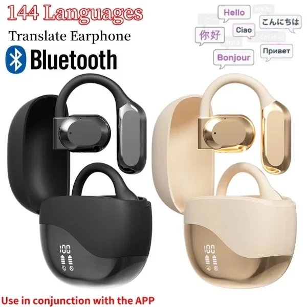 AI Translator Earbuds Bluetooth Real Time translators headphones Two-Way instant voice Translator Ear Hook for Business Travel