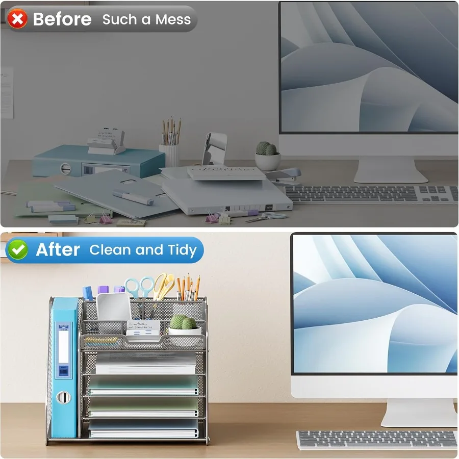 Lavatino 5-Tier Metal Mesh Desk Organizer with File Holder and 7 Customizable Compartments for Office or Home Desk Storage Keep