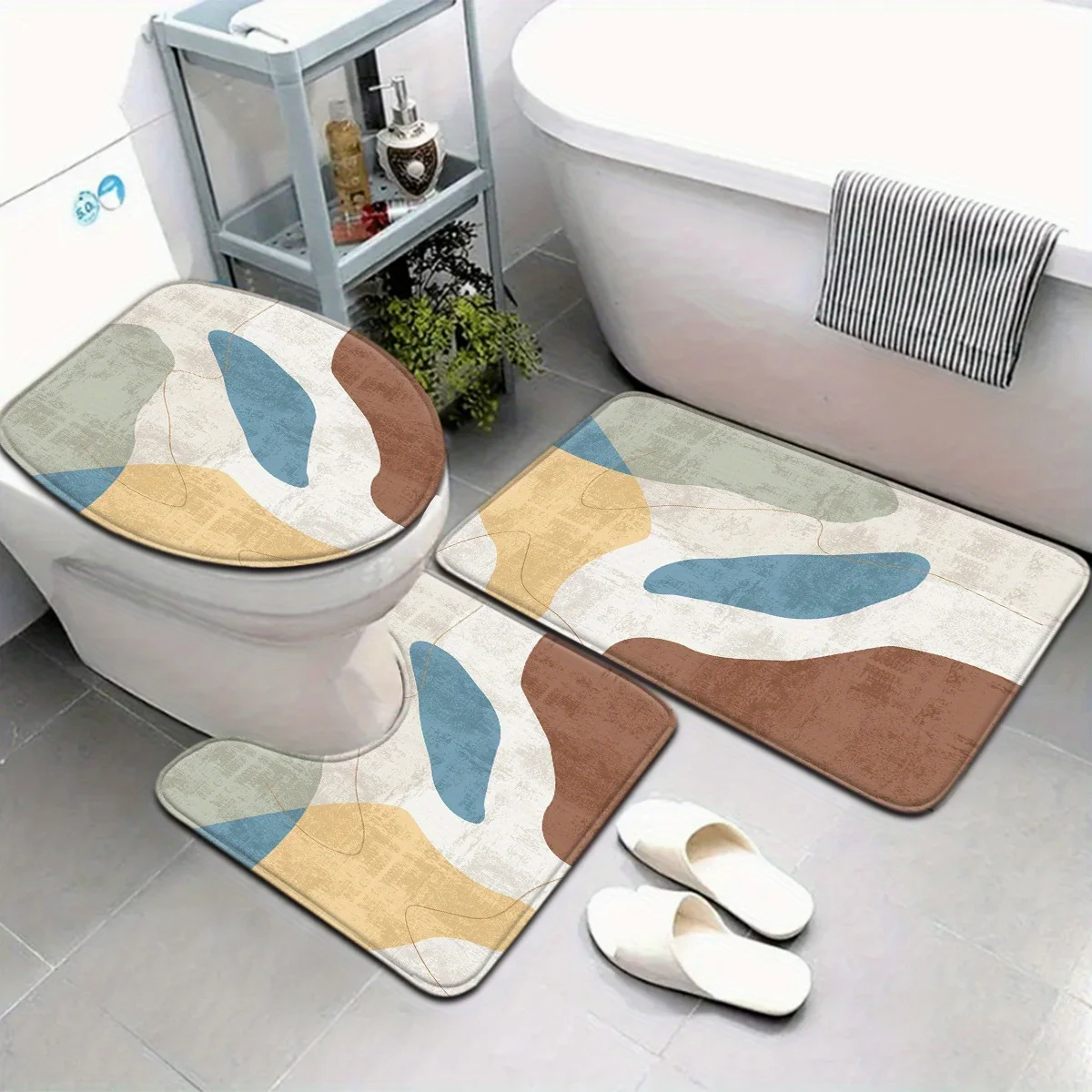 

Комплект из трех современных минималистичных ковриков для ванной комнаты — многоцветный абстрактный узор, нескользящий U-образный коврик для ванной комнаты