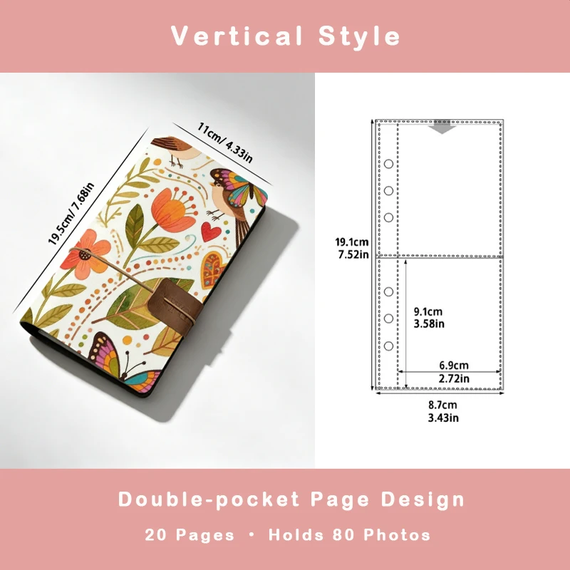 Vintage Floral Bird Butterfly Print PU Leather Photo Album 80 Pockets Portable Mini Instant Camera Photo Book Travel Memory Pict