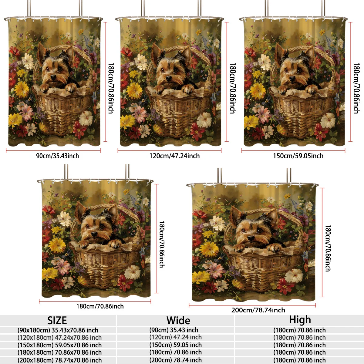 Vintage Floral Yorkshire Terrier Puppy Shower Curtain Polyester Digital Printing Lovely Yorkie Dog in Woven Basket Colorful