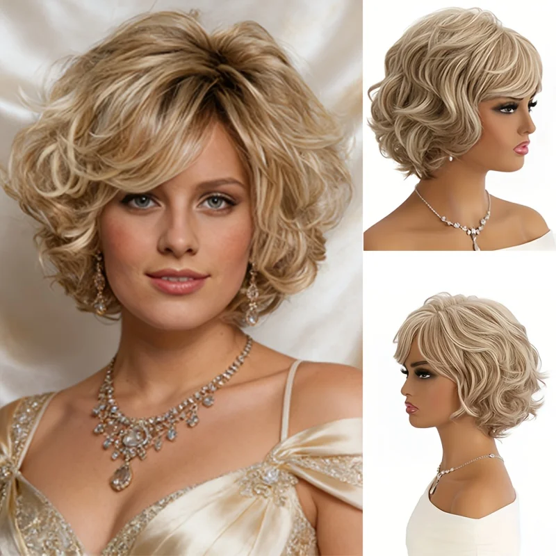 

Модный женский короткий вьющийся парик с бежевыми и золотыми синтетическими волосами, подходит для повседневных прогулок и ролевых игр, легко носить.