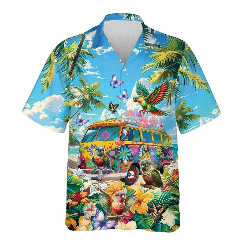 Ônibus hippie havaiano dos homens Pássaro 3D Impresso Camisas De Praia, Aloha Férias, Flamingo Camisa Gráfica, Lovebird Tucano Blusas