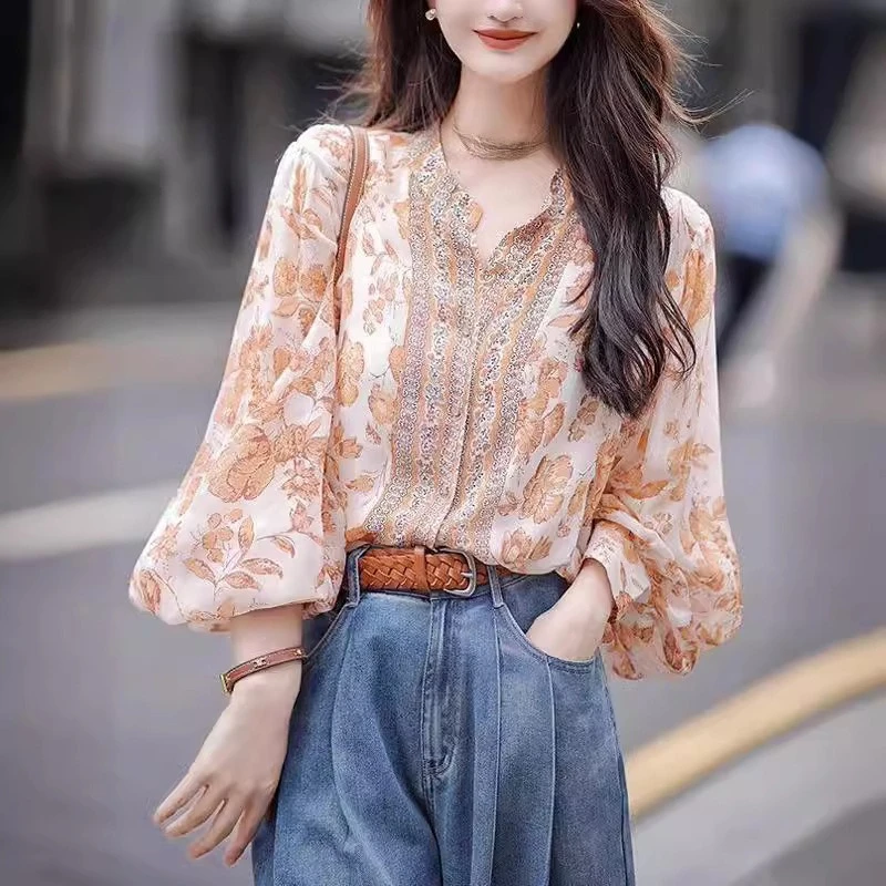 

Retro Elegant Floral Printed Shirt Woman Blouse Women Spliced Lace O Neck Single Breasted Vintage Harajuku Shirt Office Lady