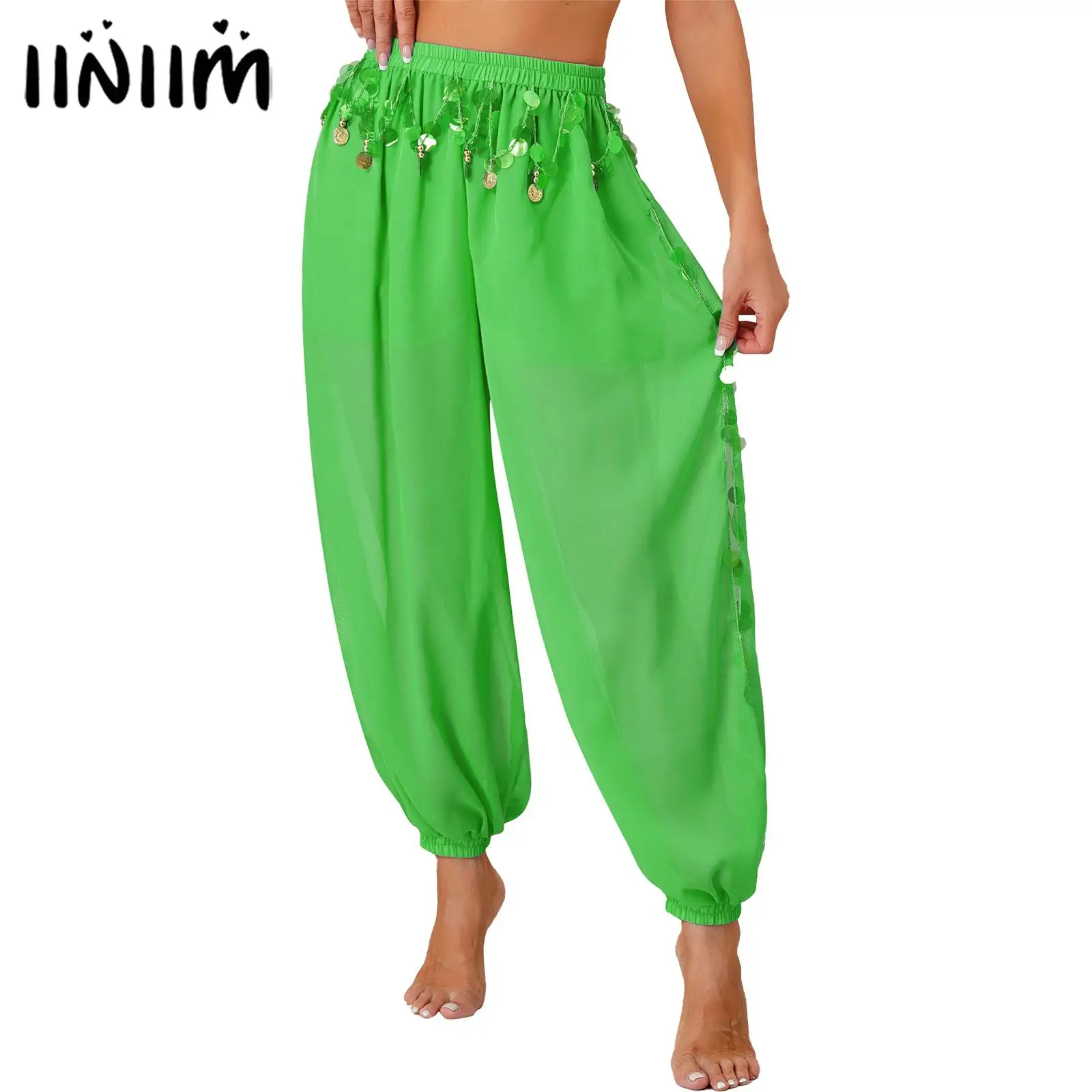 

Womens Side Split Belly Dance Lantern Pants Sequins Bloomers Semi See-Though Loose Shiny Harun Pants Stage Performance Costume