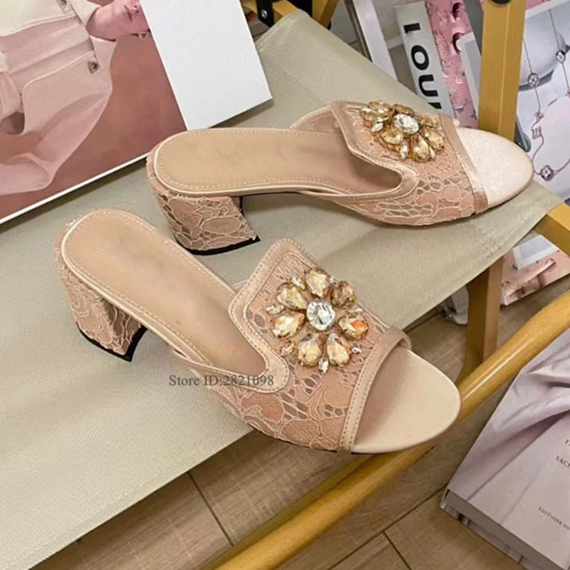 Lace Slip On Mules Chunky Heeled High Heel Sandals Woman Big Crystal Flower Heels Summer Shoes Slippers