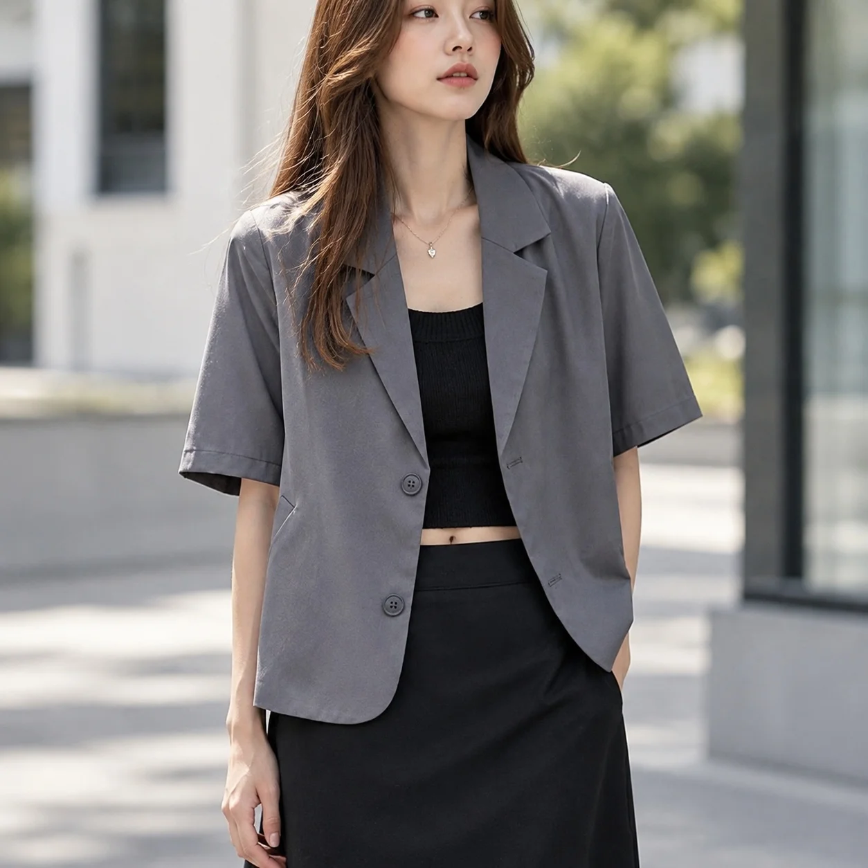 Loose Fit Five Sleeve Top with Patchwork Suit Collar Casual Style Regular Length Japanese Korean Casual Women Summer Jacket