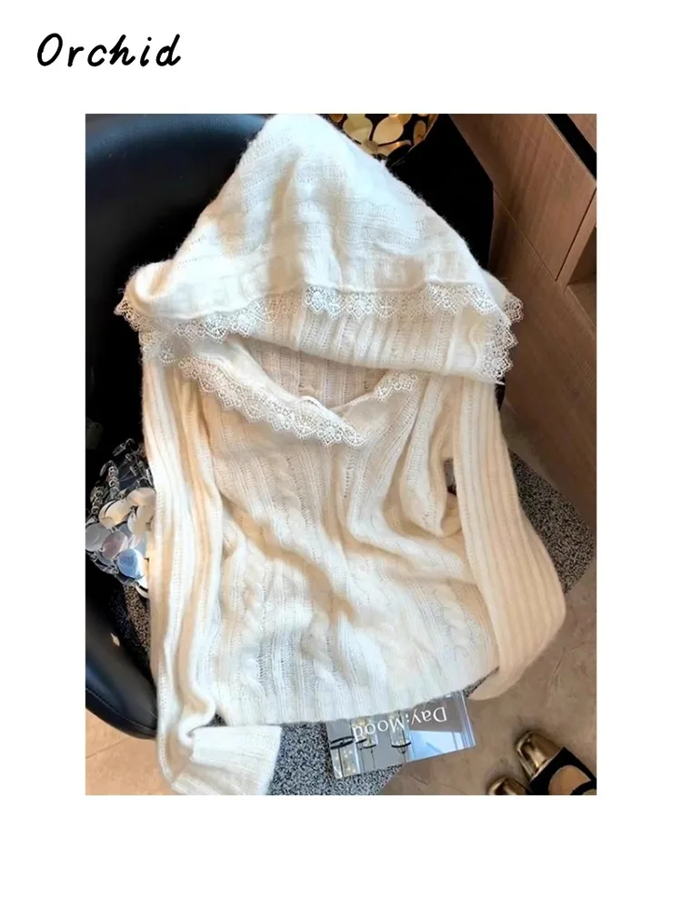2025 Winter Casual Sexy Knitting Long Sleeve Lace Hooded Pullovers Korean Fashion Women Hotsweet Coquette Sheath White Sweater