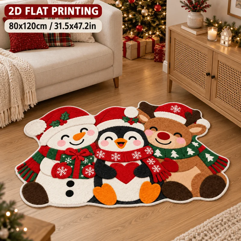 VIKAMA Christmas Snowman Penguin and Reindeer Rug Non Slip Odd Shaped Rug Indoor and Outdoor Entryway Mat Home Decor Holiday