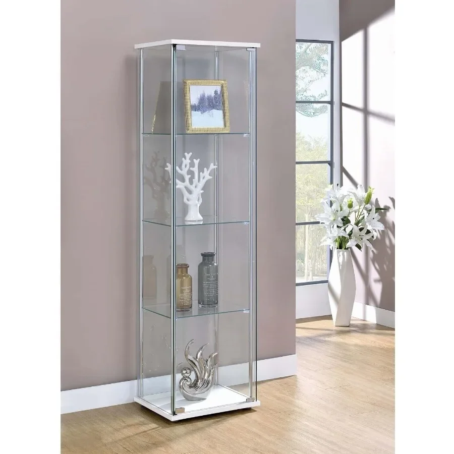 Baroque Bliss Cabinet for living room: white clear glass finish, glass metal construction, chrome finish, 4 shelves, 63.75 x 16