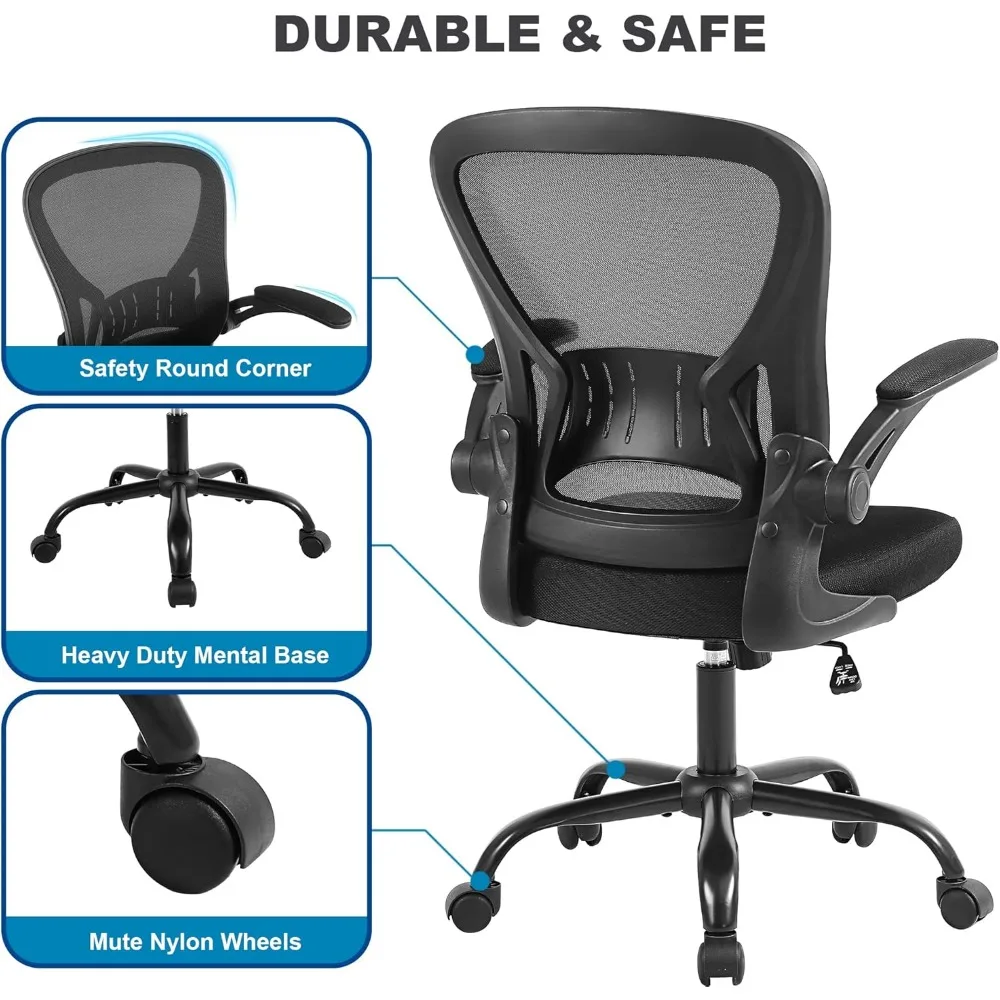 Ergonomic Mesh Chair for Home Office Desk, Adjustable Height with Lumbar Support and Flip-up Armrests, Black
