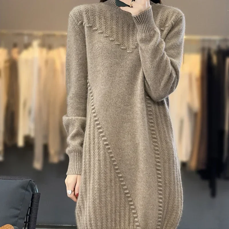 

High-end Fashionable Knitting 100% Pure Wool Half High Collar Women's Dresses Sweater Autumn and Winter Long Women's New