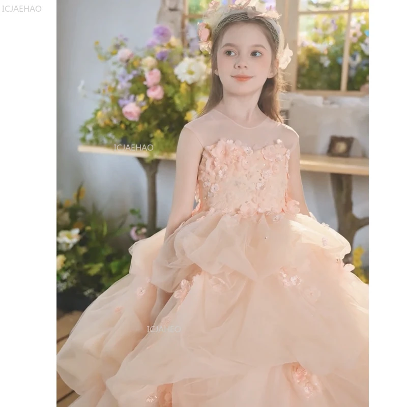 Pink Children Girls Princess Party Dress Flower Girl Wedding Gown for Birthday Kids Fashion Show Pageant Host Piano Performance