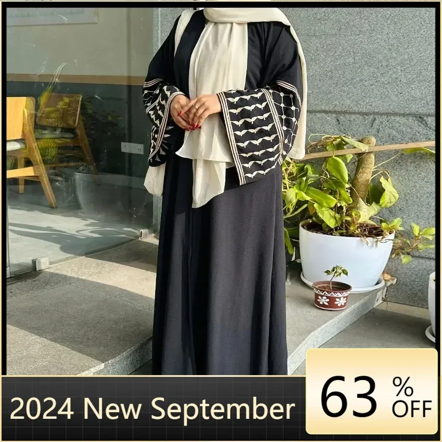 Abaya Dubai-Vêtements pour femmes musulmanes, manches longues, col en v, broderie ouverte, Kaftan Kimono, robe manteau, été automne