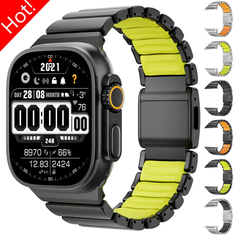 

Titanium Silicone Strap for Apple Watch Ultra 3/2/1 49mm 46mm 45mm 44mm Metal Magnetic Band for Iwatch Series 11 10 9 8 7 6 SE 5