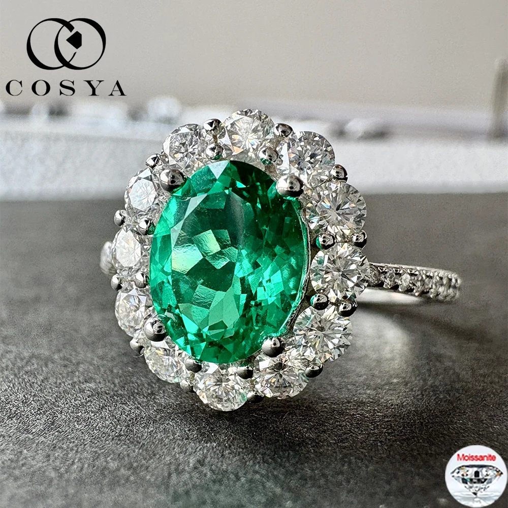 

COSYA 7*9MM 2.988cttw Lab Grown Colombian/Zambian Emerald Halo Ring S925 Silver Moissanite Wedding Band For Women Fine Jewelry