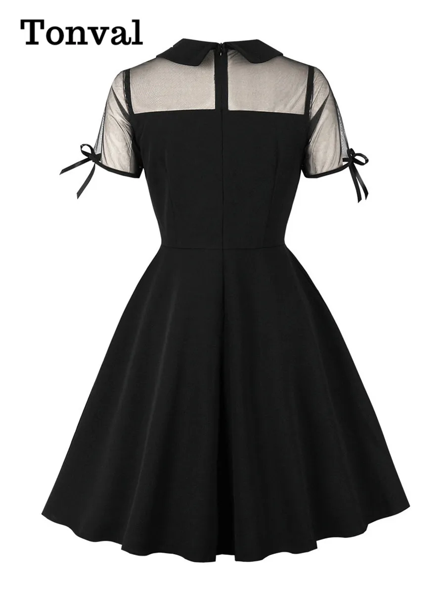 Tonval noir contraste maille à manches courtes femmes robe d'été nœud avant Cocktail soirée a-ligne Vintage Mini robes