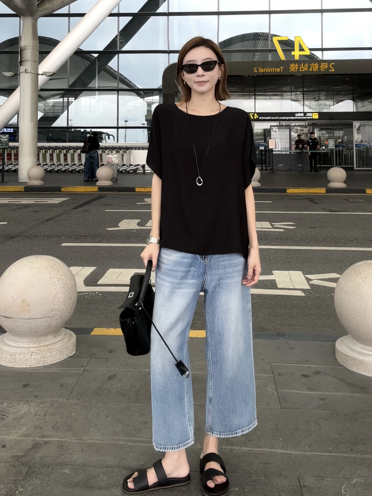 

Ele Bla One-Piece Design Batwing Sve Top Zhou Summer New Arrival Casual Sle Pure Color Silk T-irt