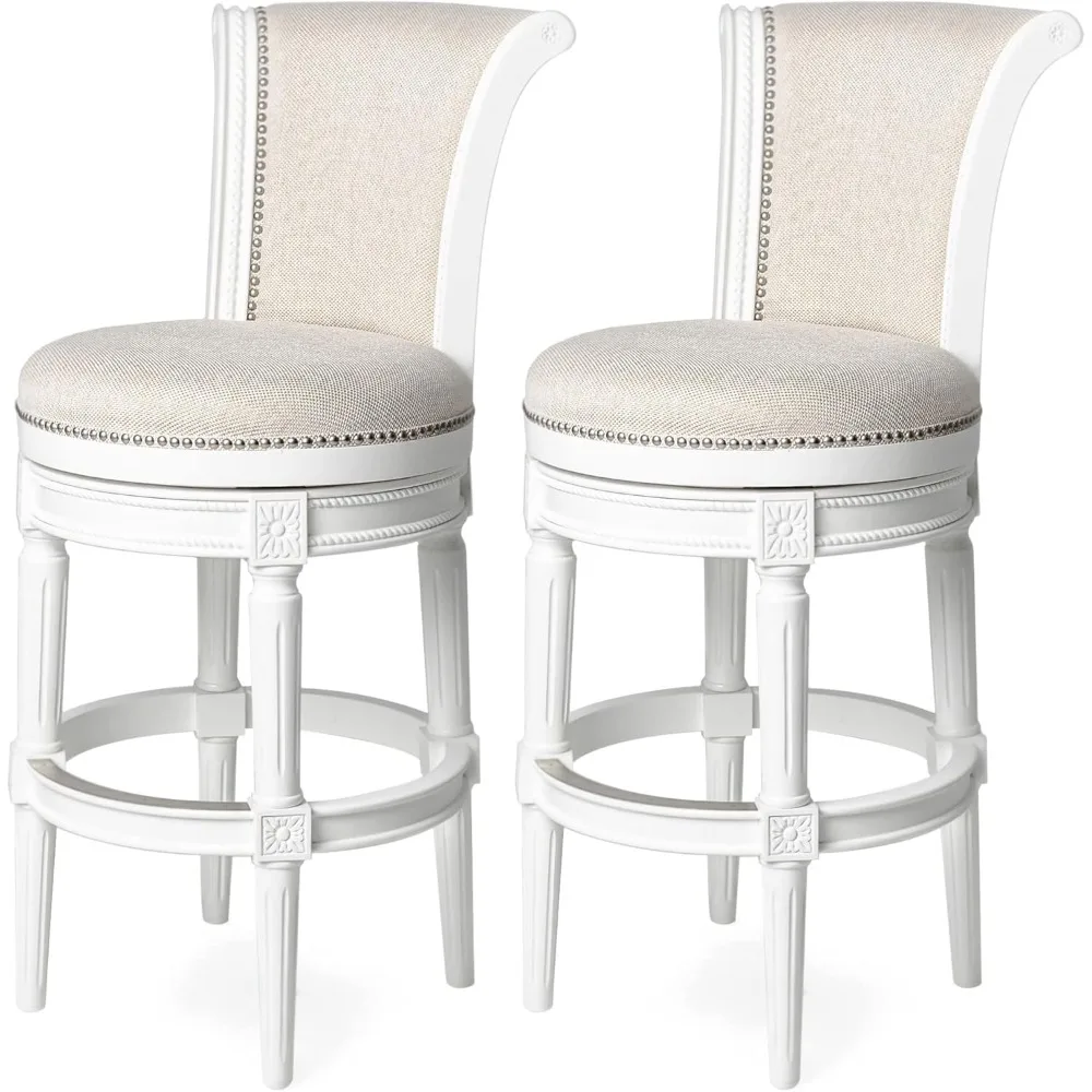 31 Inch Tall Bar Height Upholstered Barstool with Back in Alabaster White Finish with Cream Fabric Cushion Seat, Set of 2