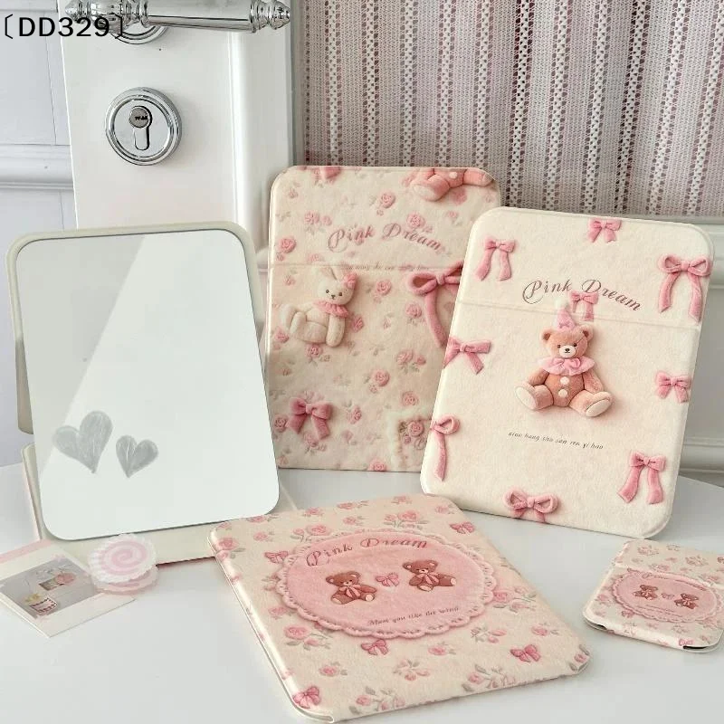 Foldable Desk Makeup Mirror Bear Bowknot Pattern Portable Flip Cosmetic Mirror For Student Travel Dorm Bedroom Makeup Use〔DD329〕