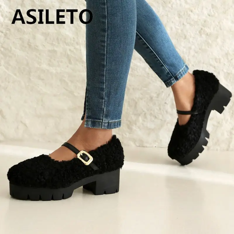 ASILETO-zapatos de tacón de bloque con punta redonda para mujer, calzado cálido de lana con hebilla de plataforma de 5cm, talla grande 42 43, Invierno