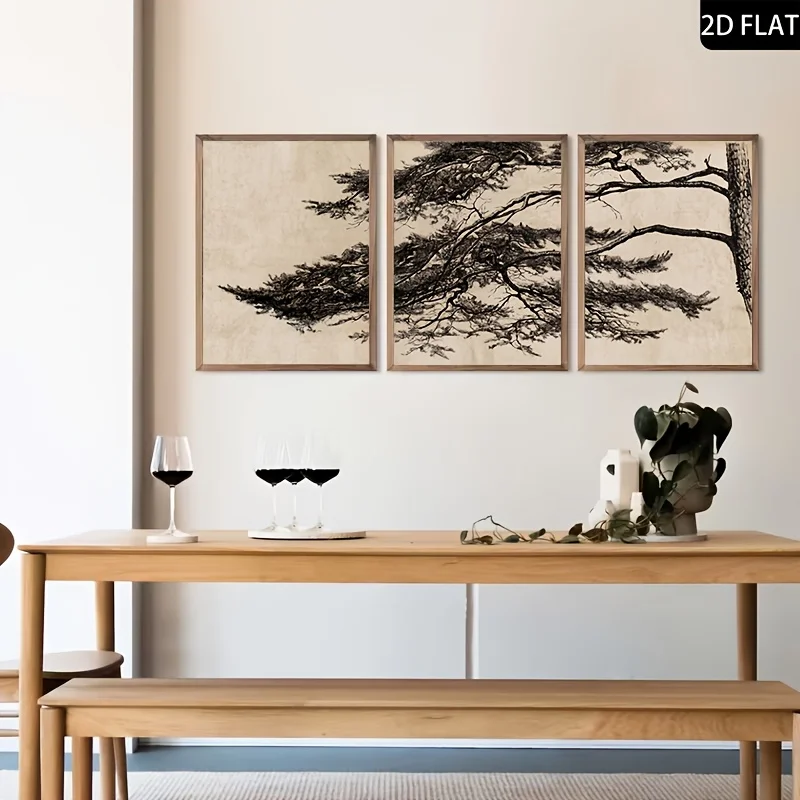 2D Flat, RTEVDSA 3pcs Frameless Vertical Retro Pine Branch Canvas - Black & White Minimalist Oil Paintings, Modern Tree Line