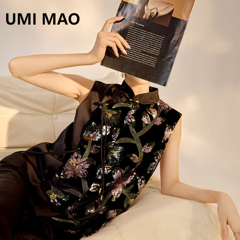 

UMI MAO Топ в китайском стиле, новый летний топ с блестками и наклонным воротником, высококачественный легкий роскошный жилет для похудения, топ Femme