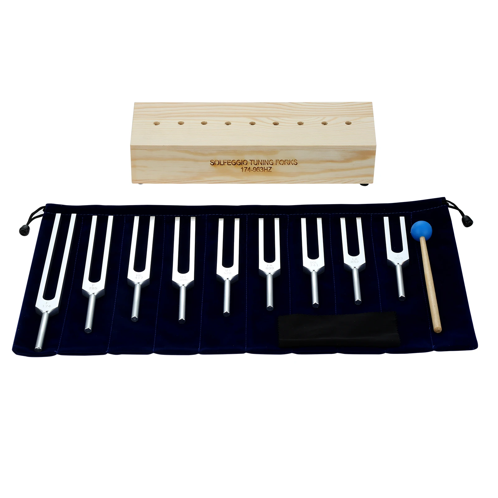 

9pcs Tuning Forks + Voice Wood Base Silicon Hammer 174/285/ 396/417/528 /639/741/852/963 Hz Sound Therapy Musical Instruments