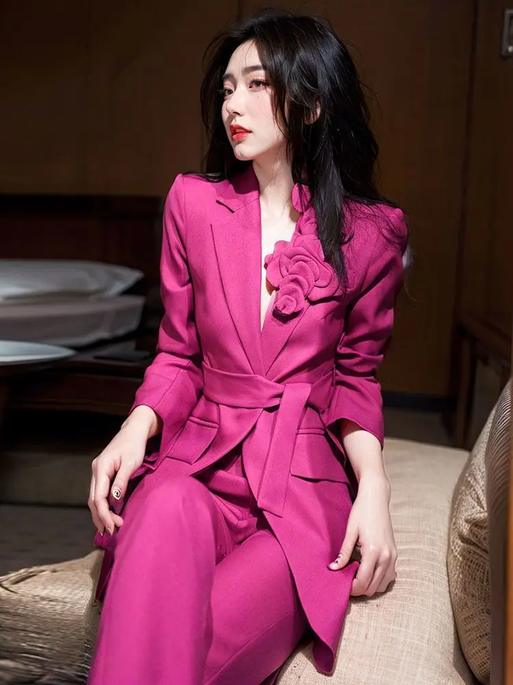 

Spring and Autumn Light Luxury Feminine Rose Pink 3D Flower Waist-Cinching Blazer Suit Flared Pants Two-Piece Set Women Outfits