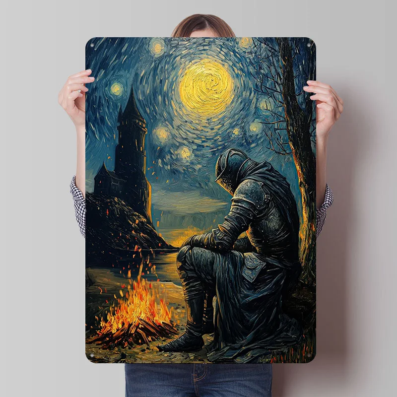 Knight By The Bonfire Blechschild-Poster, individuell gestaltete Retro-Wandkunst, Vintage-Metallschilder für Zimmer, Zuhause und Dekoration, Gaming, Garten