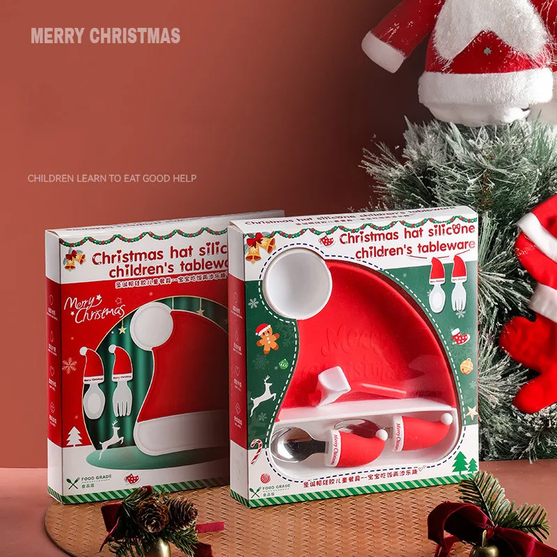 New Christmas gift set children's creative spork tableware Christmas hat children's silicone compartment plate Things for babie