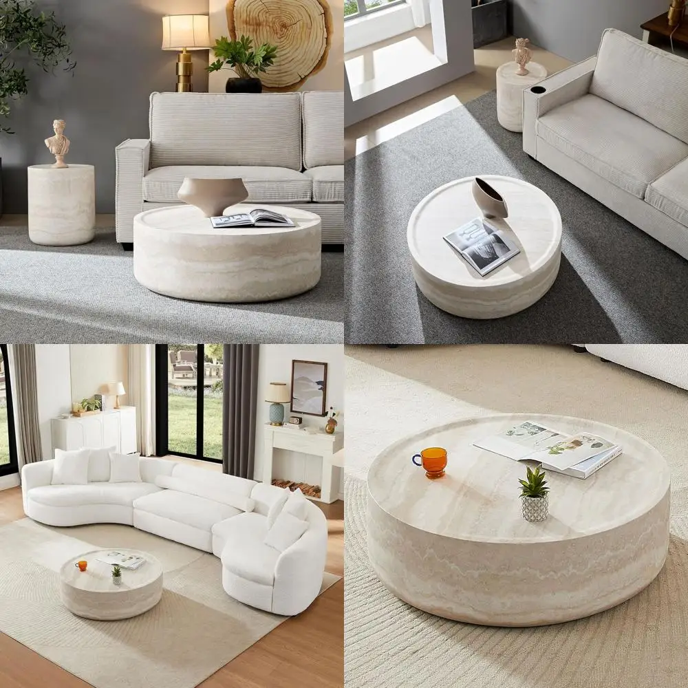 

Круглый журнальный столик с мраморной столешницей, мебель для гостиной, не требует сборки (фактура травертина, стекловолокно, 39.37)