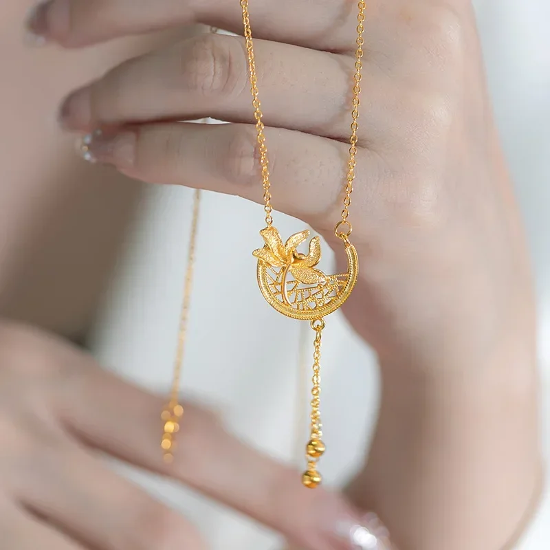 9999 Real Gold 24K Women's Gold Premium Lotus Necklace Niche Ancient Lotus Retro Flower Clavicle Chain