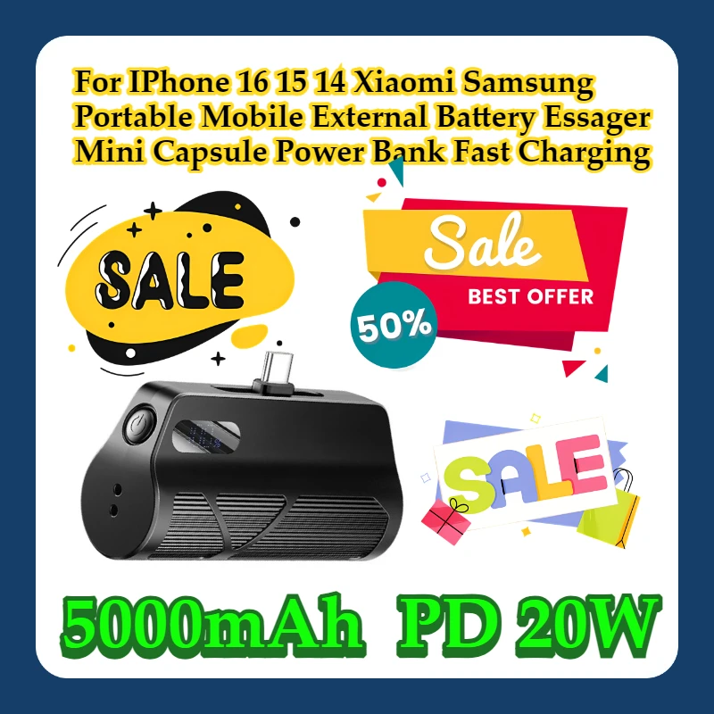 

For IPhone 16 15 14 Xiaomi Samsung Portable Mobile External Battery Essager Mini Capsule Power Bank 5000mAh PD 20W Fast Charging