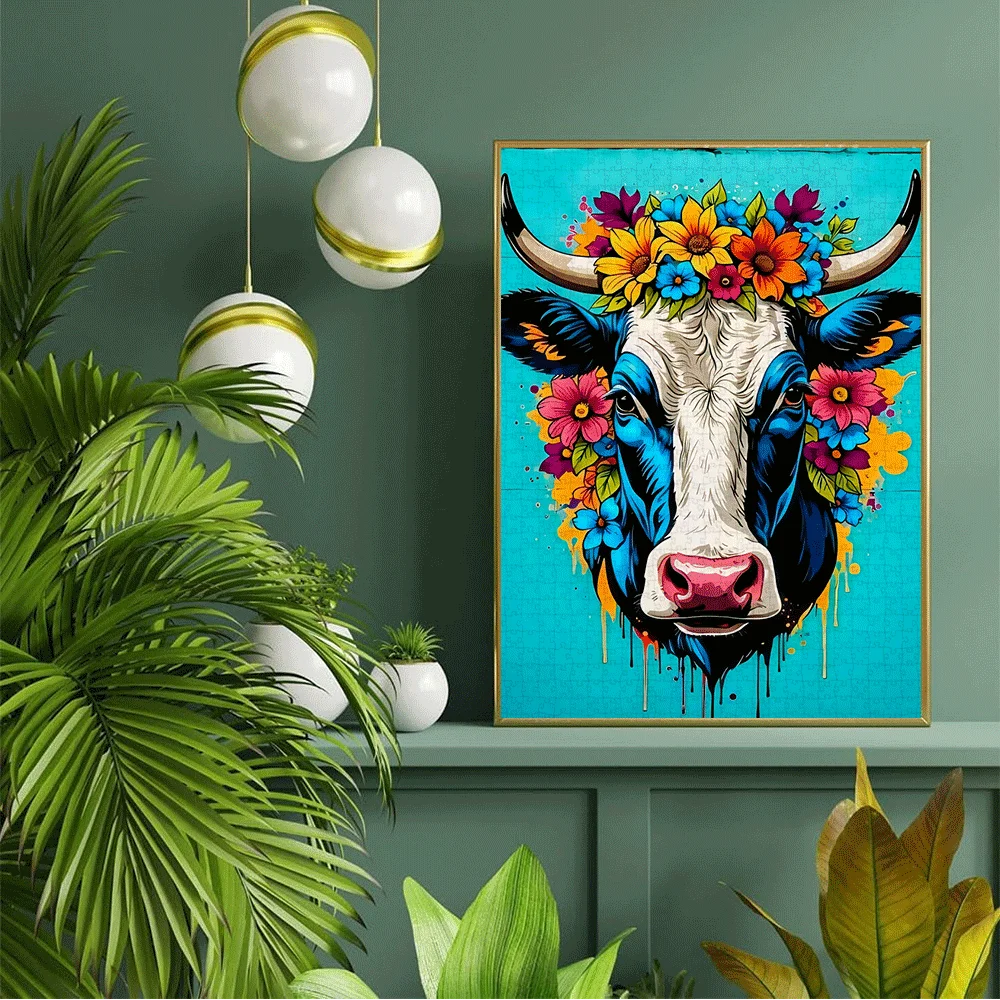 Quebra-Cabeça Vibrante com Tema Floral e Graffiti de Vaca, Jogo Intelectual para Adultos, Brinquedo Decorativo para Lazer em Casa