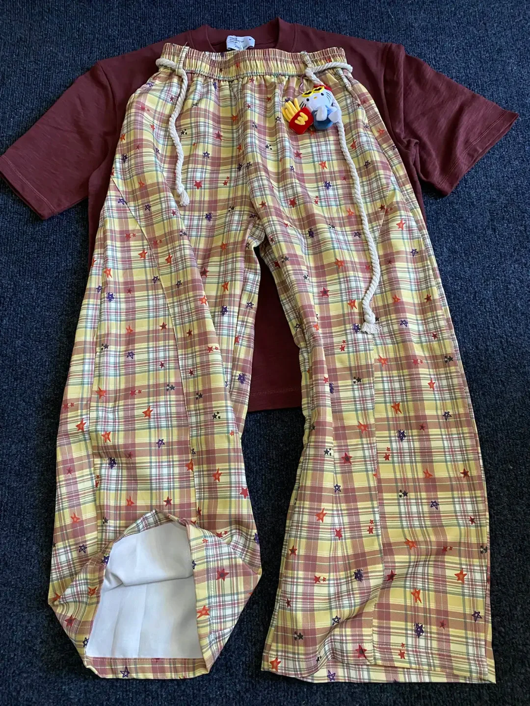 

Yellow Pink Thin Plaid Men's Summer Star Plaid Design Straight Leg American Lazy Wide Leg Pants Casual Breathable Loose Fit