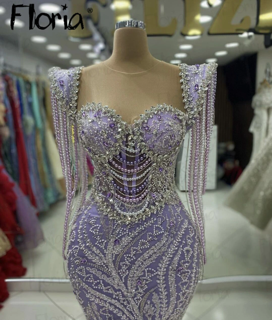 

Floria Luxury Beaded Tassel Lilac Evening Dress Floor Length Women Wedding Party Gowns Long Arabic Prom Dresses for Women Custom