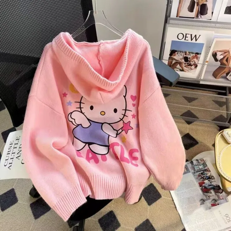 

Cute Girl Pink Hooded Sweater Cardigans Hello Kitty Cropped Cardigan Spring Autumn New Loose Slimming Pink Knitted Jacket Tops
