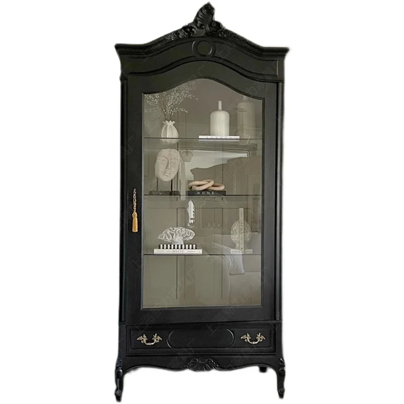 

Nordic French retro old solid wood glass display cabinet black open simple fashion can be customized