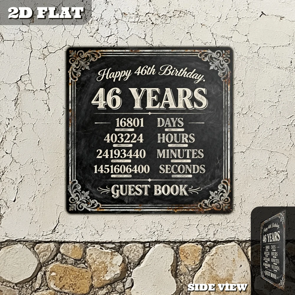 Vintage Metal Aluminum Decorative Sign, 'Happy 46th Birthday - 46 Years Guest Book Sign' Retro Wall Decor for Living Room