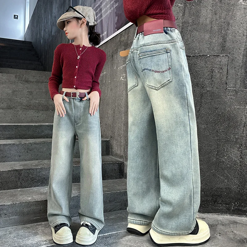 

Children's Fleece-lined Jeans Girls Plush Velvet Denim Pants Kids Winter Thickened Warm Trousers Teenage Girl Embroidery Jeans