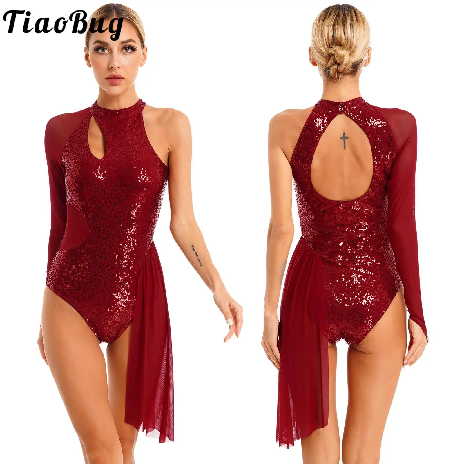 

Women Sequins Gymnastics Bodysuit Modern Lyrical Dance Dress One Shoulder Sheer Mesh Latin Jazz Latin Cha-cha Dance Costumes