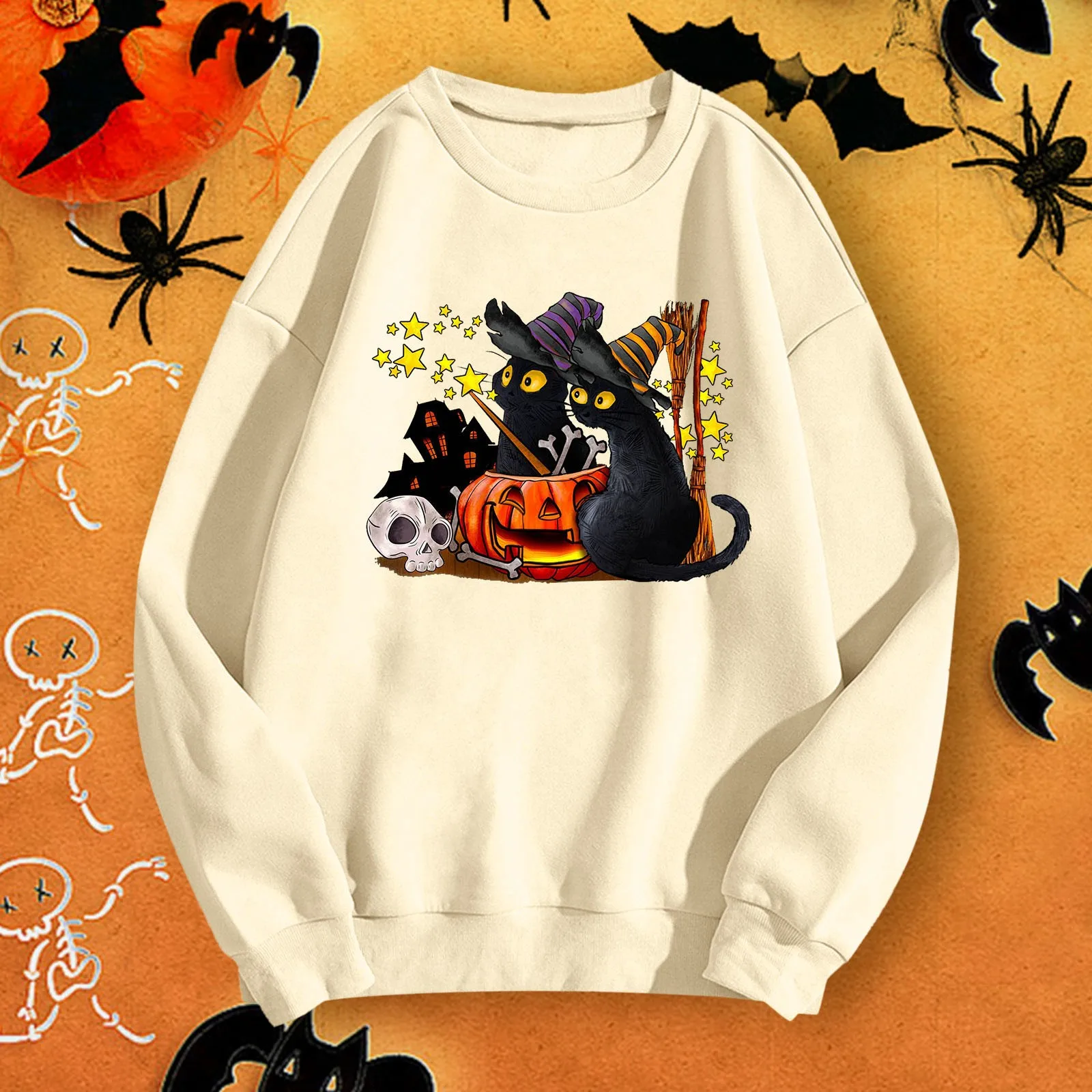 

Women's Halloween Winter Simple Pumpkin Skull Bat Printed Crew Neck Long Sleeved Hoodie Pullover Hoodie Loose Solid Color Top