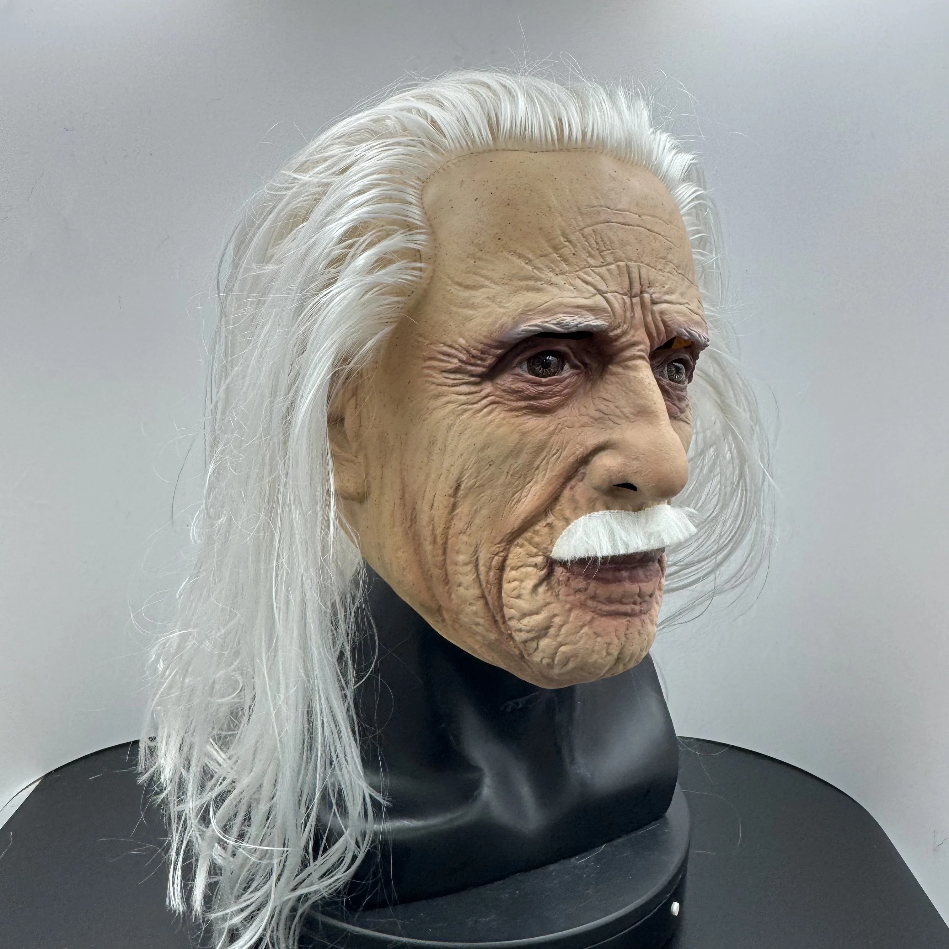 Realistische Albert-Einstein-inspirierte Maske mit langen weißen Haaren, Latex-Ganzkopfmaske für Halloween-Cosplay, wissenschaftliche Themenpartys – Detail 5