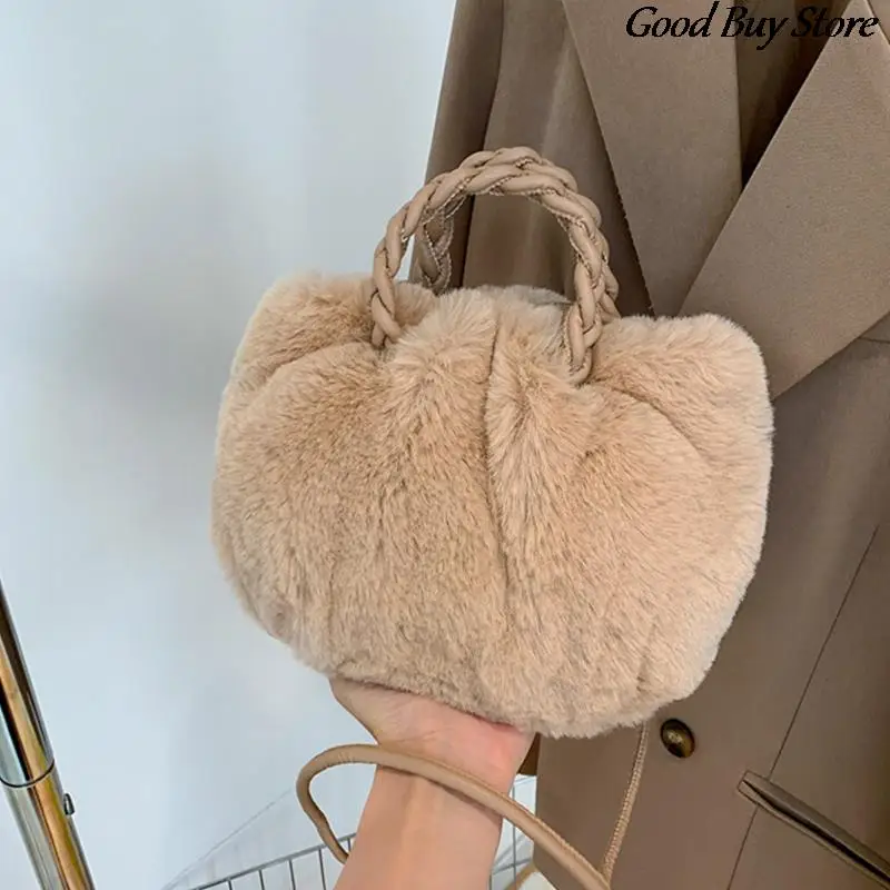 Women Winter Plush Shoulder Bags Evening Party Totes Female Party Underarm Bag Elegant Fluffy Fur Tote Handbag Braid Purses