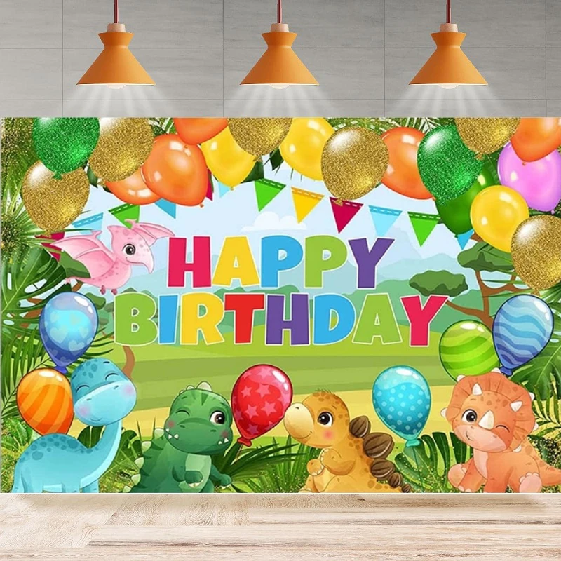 Photography Backdrop For Kids Cartoon Dinosaur Colorful Balloons Wild Forest Background Birthday Home Party Backdrop Wall Banner