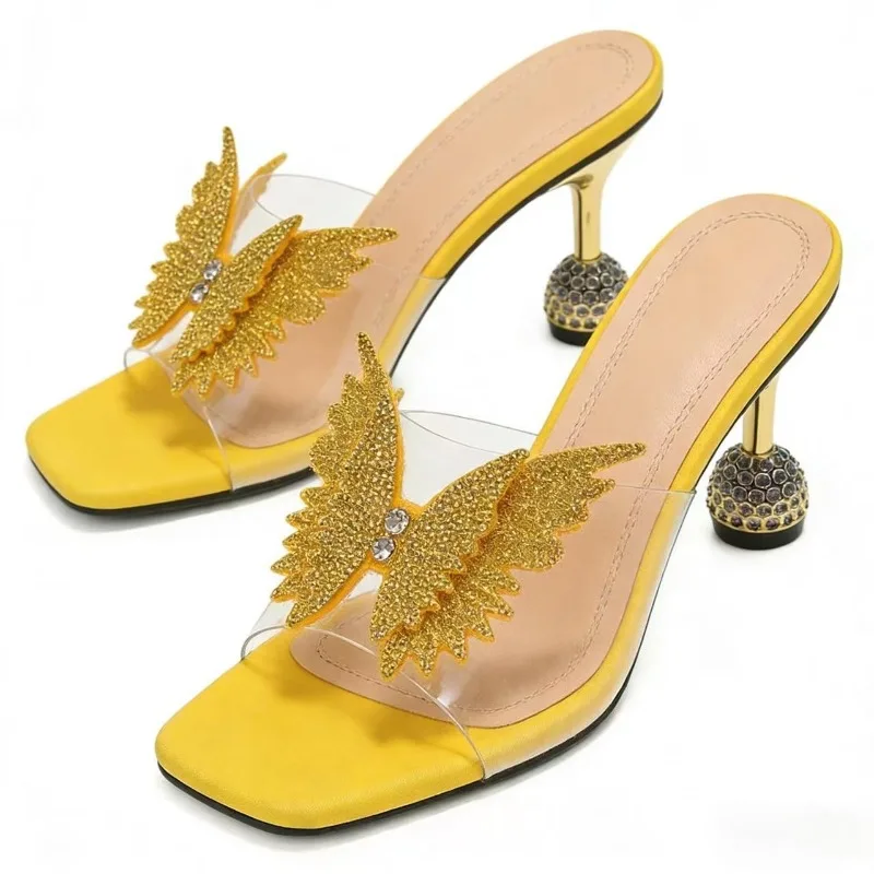 

Rhinestone Butterfly Decoration Women Slippers Open Toe Strange Heel Slides Fashion Pvc Transparent Luxury High Sandals Women