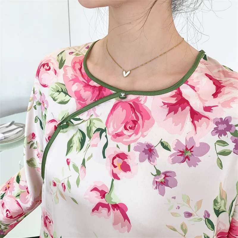 O-Neck Pajamas Suit Chinese Retro Style Sleepwear Print Flower Home Clothes With Buttons Rayon Nightwear Spring Pyjamas Set